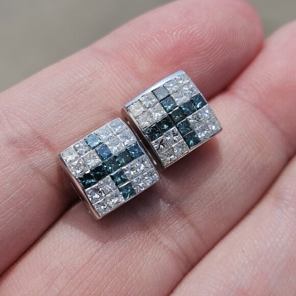 14K White Gold Blue Diamond Cross Princess Stud Earrings 1.50TCW 4.13 Grams - Picture 6 of 16